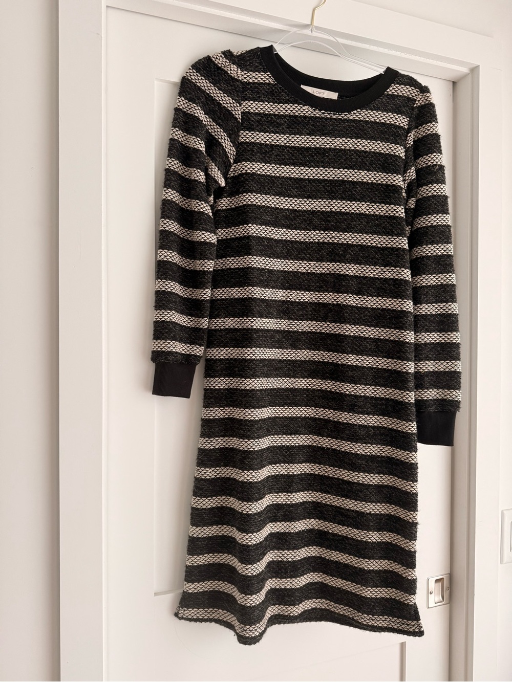 Loft Striped Knit Sweater Dress in Black and Cream, Midi